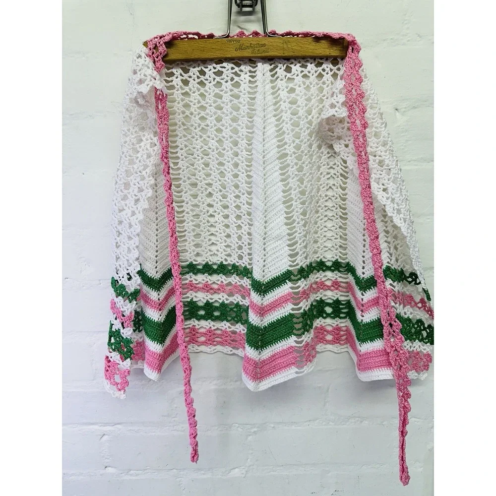 Vintage Hand Crochet Kitchen Apron Cottage Core Granny Tea Party Pink‎ Green